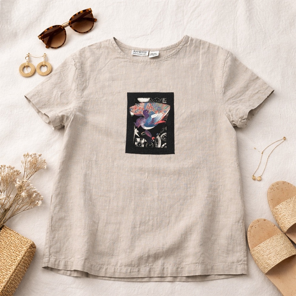 Arrietty Limited Editions Linen Art Patch Top Natural Oatmeal Size M Vintage 90s